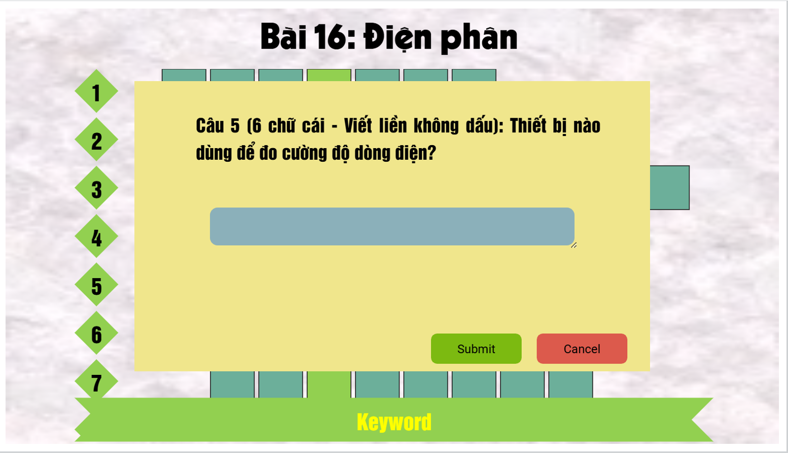 Ô CHỮ HÓA HỌC 12 - BÀI 16 ĐIỆN PHÂN