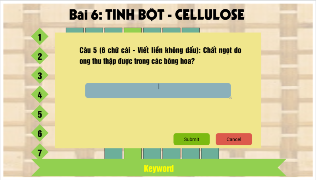 Ô CHỮ HÓA HỌC 12 - BÀI 6: TINH BỘT - CELLULOSE
